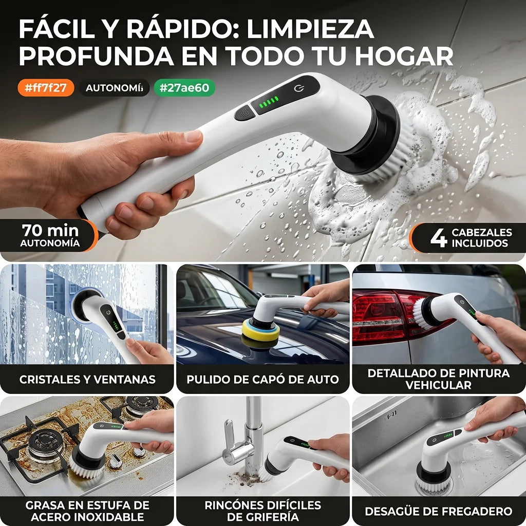 Cepillo Limpiador Eléctrico Giratorio Recargable 9 en 1 con Extensión + Pasta Limpiadora de Ollas y grasa