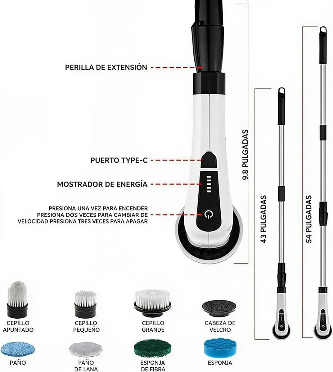 Cepillo Limpiador Eléctrico Giratorio Recargable 9 en 1 con Extensión + Pasta Limpiadora de Ollas y grasa